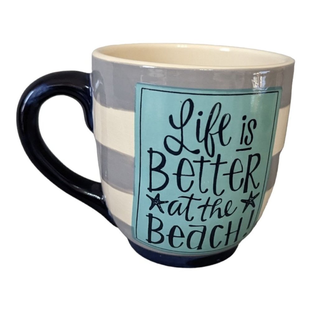 Glory Haus Life is Better at the Beach Striped Ceramic Coffee Mug Blue Grey 16oz